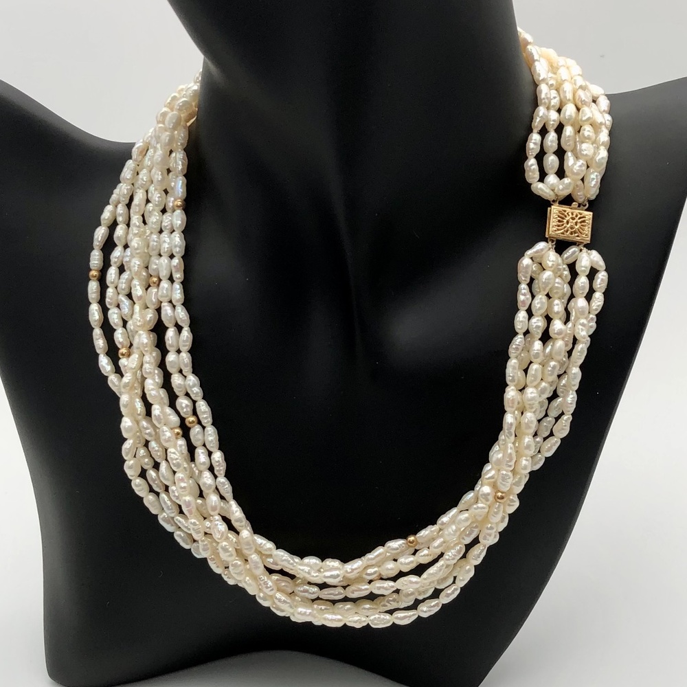 14k Pearl Necklace 8 Strand SOLID Yellow Gold Vintage